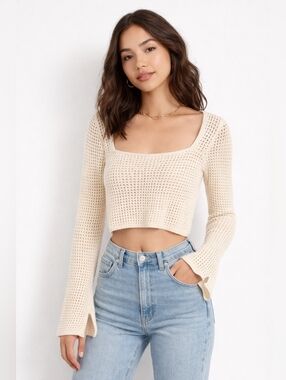 Garage Knit Crop Top Cream Open Weave Sweater Long Sleeve Size Small